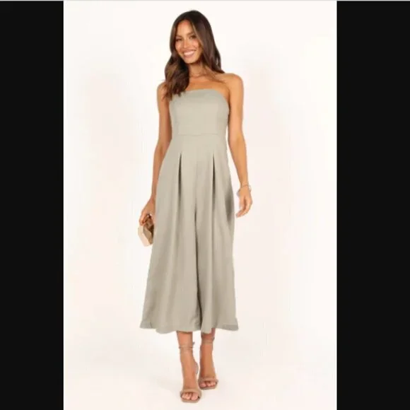 Petal & Pup Jonie Olive Green Strapless Wide Leg Cropped Jumpsuit XL - Picture 7 of 11